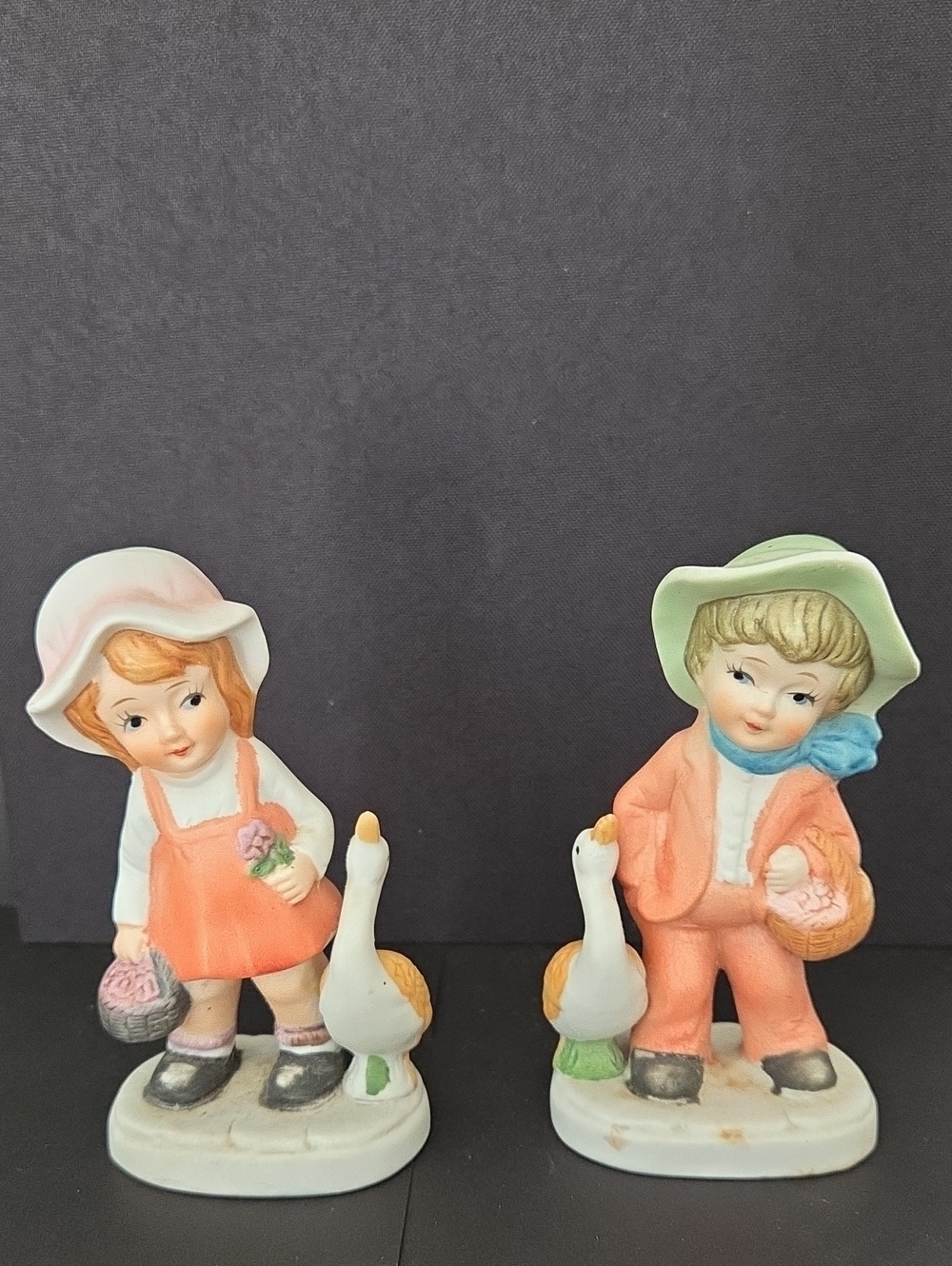 Vintage Porcelain Farm Boy Girl Figurine Set with Geese | 1970s